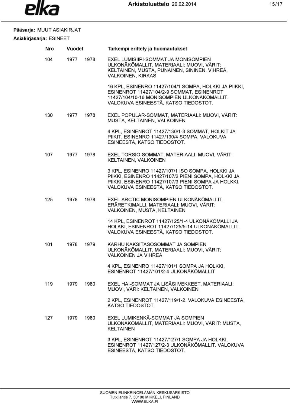 KELTAINEN, MUSTA, PUNAINEN, SININEN, VIHREÄ, VALKOINEN, KIRKAS 16 KPL, ESINENRO 11427/104/1 SOMPA, HOLKKI JA PIIKKI, ESINENROT 11427/104/2-9 SOMMAT, ESINENROT 11427/104/10-16 MONISOMPIEN