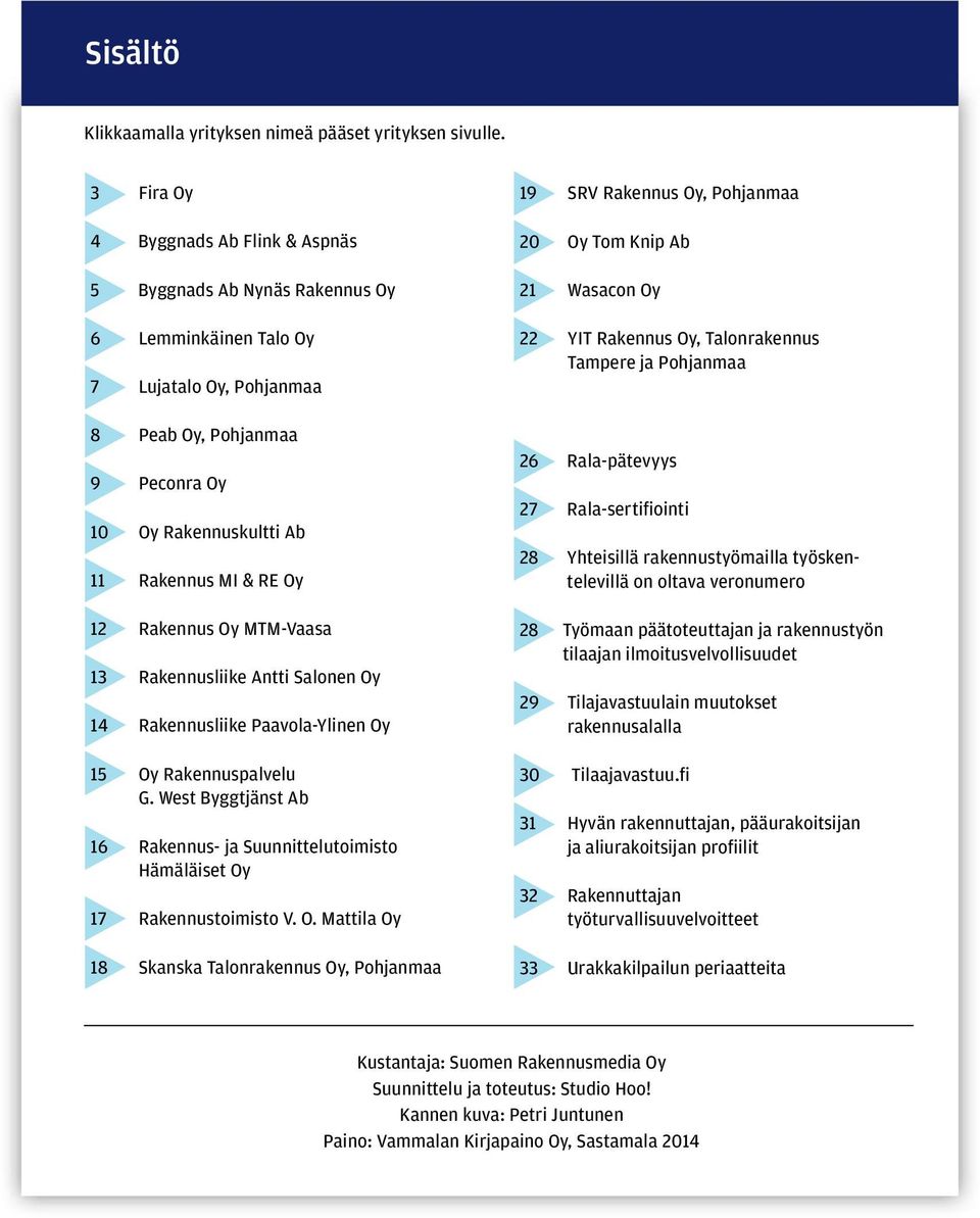 Rakennuskultti Ab 11 Rakennus MI & RE Oy 12 Rakennus Oy MTM-Vaasa 13 Rakennusliike Antti Salonen Oy 14 Rakennusliike Paavola-Ylinen Oy 15 Oy Rakennuspalvelu G.