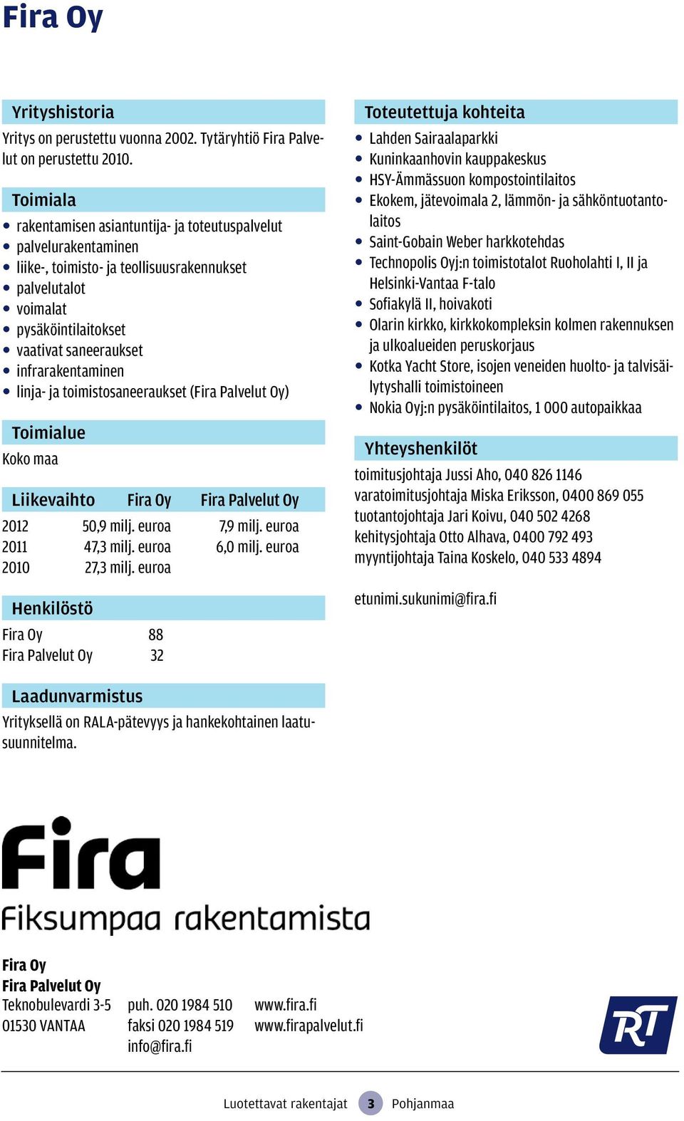 ja toimistosaneeraukset (Fira Palvelut Oy) Koko maa Liikevaihto Fira Oy Fira Palvelut Oy 2012 50,9 milj. euroa 7,9 milj. euroa 2011 47,3 milj. euroa 6,0 milj. euroa 2010 27,3 milj.