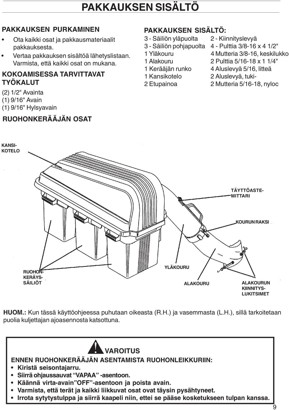 Pulttia 3/8-16 x 4 1/2" 1 Yläkouru 4 Mutteria 3/8-16, keskilukko 1 Alakouru 2 Pulttia 5/16-18 x 1 1/4" 1 Kerääjän runko 4 Aluslevyä 5/16, litteä 1 Kansikotelo 2 Aluslevyä, tuki- 2 Etupainoa 2