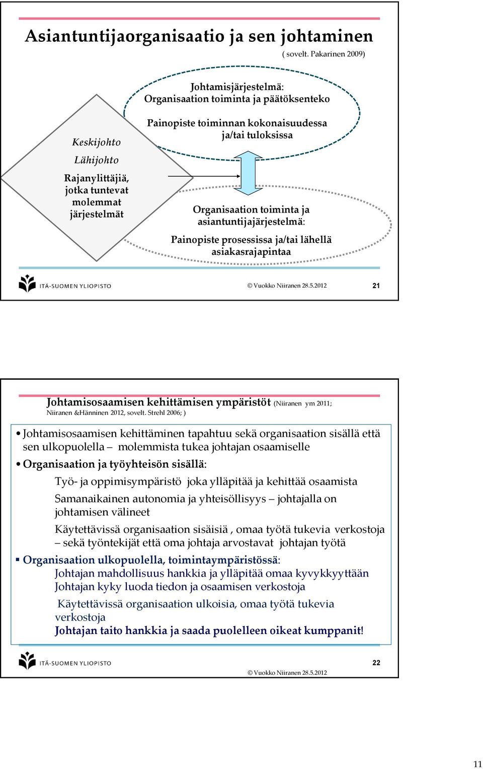 tuloksissa Organisaation toiminta ja asiantuntijajärjestelmä: Painopiste prosessissa ja/tai lähellä asiakasrajapintaa 21 Johtamisosaamisen kehittämisen ympäristöt (Niiranen ym 2011; Niiranen