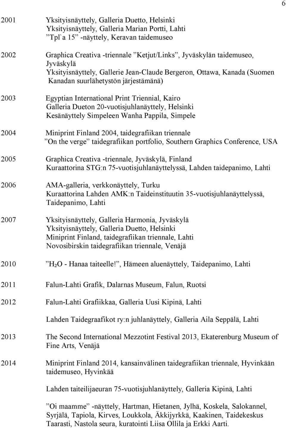 20-vuotisjuhlanäyttely, Helsinki Kesänäyttely Simpeleen Wanha Pappila, Simpele 2004 Miniprint Finland 2004, taidegrafiikan triennale On the verge taidegrafiikan portfolio, Southern Graphics