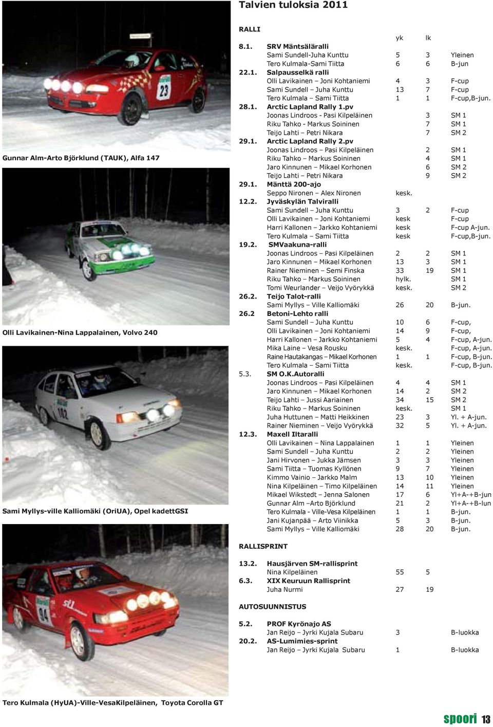 pv Joonas Lindroos - Pasi Kilpeläinen 3 SM 1 Riku Tahko - Markus Soininen 7 SM 1 Teijo Lahti Petri Nikara 7 SM 2 29.1. Arctic Lapland Rally 2.