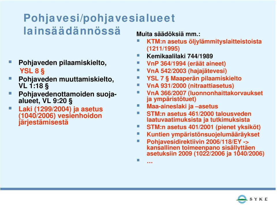 : KTM:n asetus öljylämmityslaitteistoista (1211/1995) Kemikaalilaki 744/1989 VnP 364/1994 (eräät aineet) VnA 542/2003 (hajajätevesi) YSL 7 Maaperän pilaamiskielto VnA 931/2000