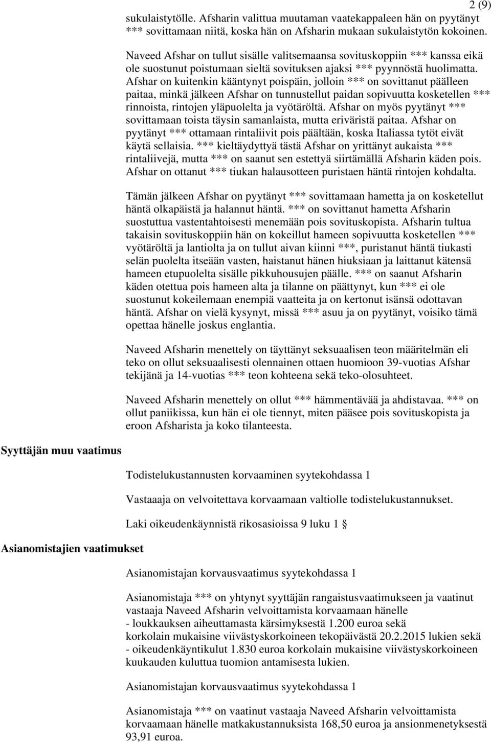 Afshar on kuitenkin kääntynyt poispäin, jolloin *** on sovittanut päälleen paitaa, minkä jälkeen Afshar on tunnustellut paidan sopivuutta kosketellen *** rinnoista, rintojen yläpuolelta ja vyötäröltä.