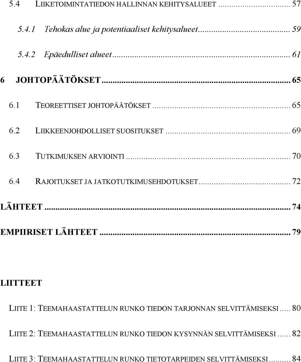 4 RAJOITUKSET JA JATKOTUTKIMUSEHDOTUKSET... 72 LÄHTEET... 74 EMPIIRISET LÄHTEET.