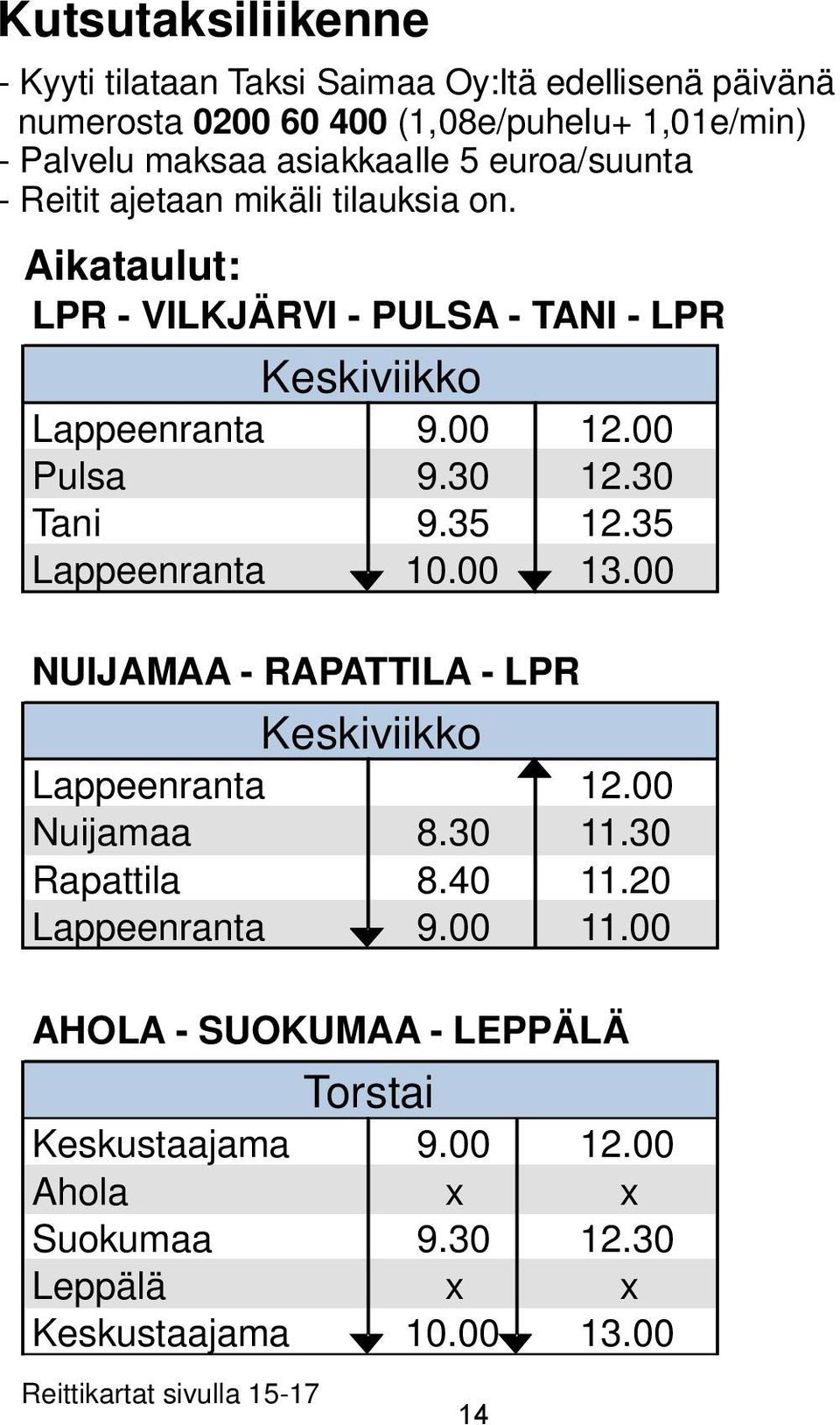 30 Tani 9.35 12.35 Lappeenranta 10.00 13.00 NUIJAMAA - RAPATTILA - LPR Keskiviikko Lappeenranta 12.00 Nuijamaa 8.30 11.30 Rapattila 8.40 11.