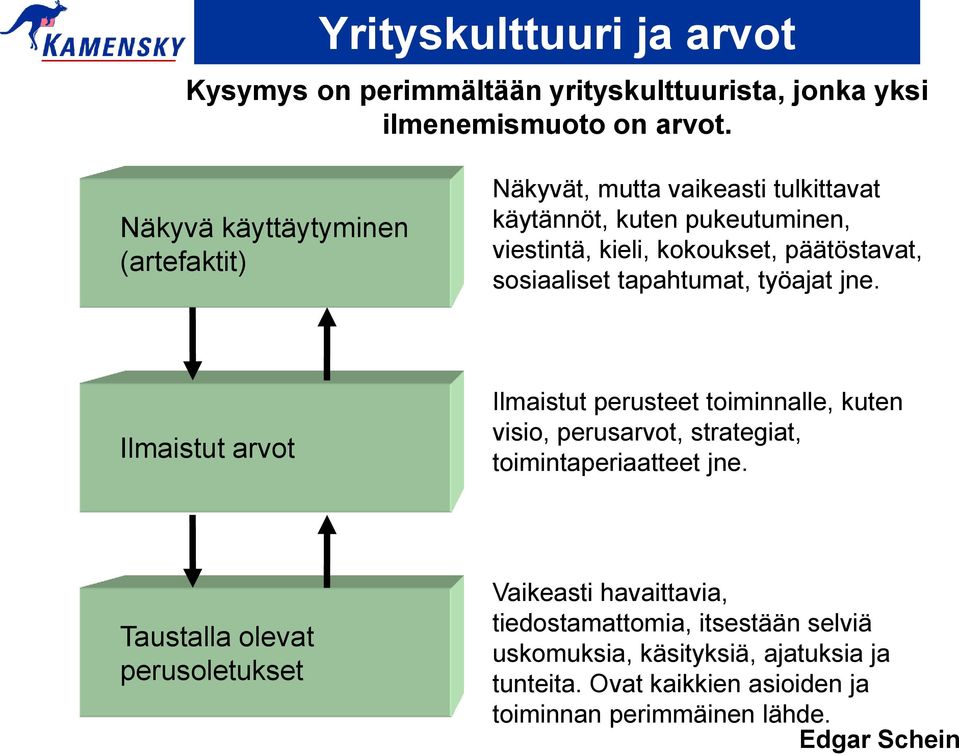 sosiaaliset tapahtumat, työajat jne. Ilmaistut arvot Ilmaistut perusteet toiminnalle, kuten visio, perusarvot, strategiat, toimintaperiaatteet jne.