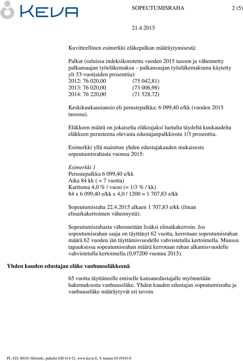 Eläkkeen määrä on jokaiselta eläkeajaksi luetulta täydeltä kuukaudelta eläkkeen perusteena olevasta edustajanpalkkiosta 1/3 prosenttia.