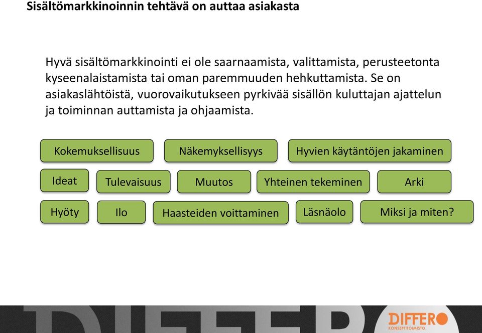 Se on asiakaslähtöistä, vuorovaikutukseen pyrkivää sisällön kuluttajan ajattelun ja toiminnan auttamista ja