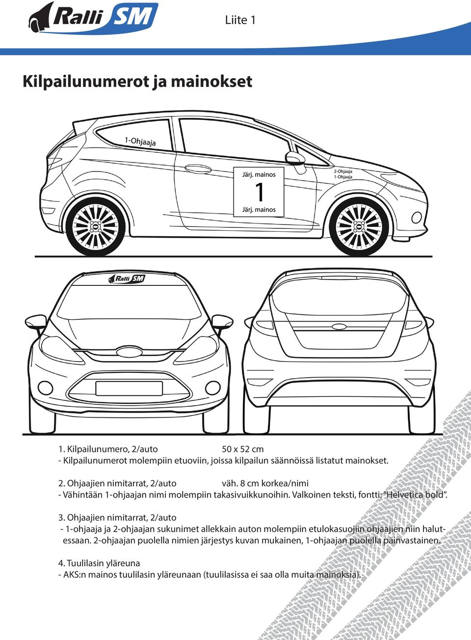 Ohjaajien nimitarrat, 2/auto - 1-ohjaaja ja 2-ohjaajan sukunimet allekkain auton molempiin etulokasuojiin ohjaajien niin halutessaan.