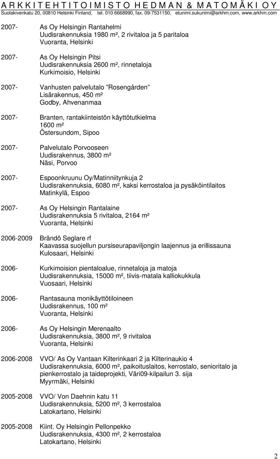 Espoonkruunu Oy/Matinniitynkuja 2 Uudisrakennuksia, 6080 m², kaksi kerrostaloa ja pysäköintilaitos Matinkylä, Espoo 2007- As Oy Helsingin Rantalaine Uudisrakennuksia 5 rivitaloa, 2164 m² 2006-2009
