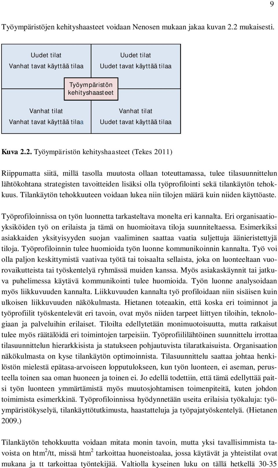 2. Työympäristön kehityshaasteet (Tekes 2011) Riippumatta siitä, millä tasolla muutosta ollaan toteuttamassa, tulee tilasuunnittelun lähtökohtana strategisten tavoitteiden lisäksi olla työprofilointi