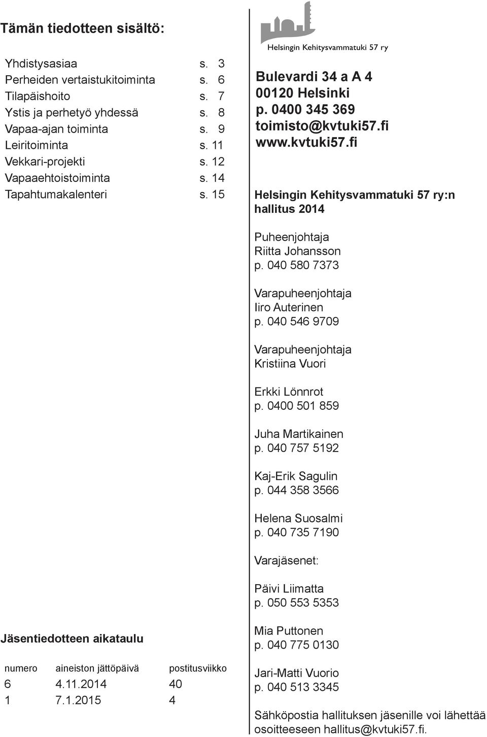 fi www.kvtuki57.fi Helsingin Kehitysvammatuki 57 ry:n hallitus 2014 Puheenjohtaja Riitta Johansson p. 040 580 7373 Varapuheenjohtaja Iiro Auterinen p.