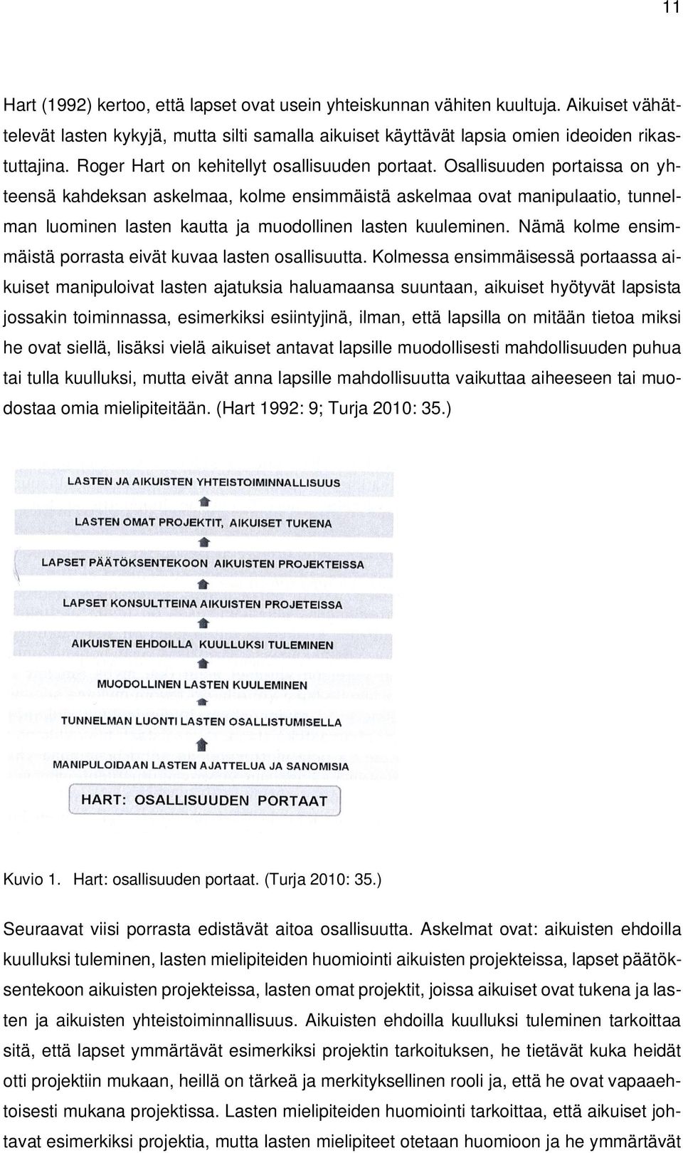 Osallisuuden portaissa on yhteensä kahdeksan askelmaa, kolme ensimmäistä askelmaa ovat manipulaatio, tunnelman luominen lasten kautta ja muodollinen lasten kuuleminen.