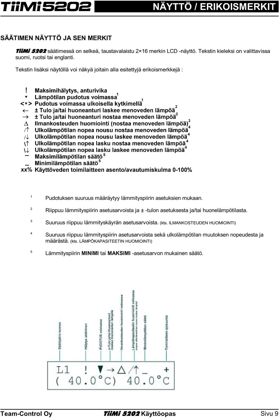 Riippuu lämmityspiirin asetusarvoista ja ± -tulon asetuksesta ja/tai huonelämpötilasta. 3 4 5 Suuruus riippuu lämmityskäyrän asetusarvoista. (kts.