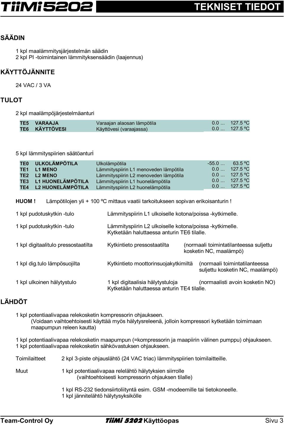 5 ºC 5 kpl lämmityspiirien säätöanturi TE Ulkolämpötila TE1 L1 MENO Lämmityspiirin L1 menoveden lämpötila TE2 L2 MENO Lämmityspiirin L2 menoveden lämpötila TE3 L1 HUELÄMPÖTILA Lämmityspiirin L1