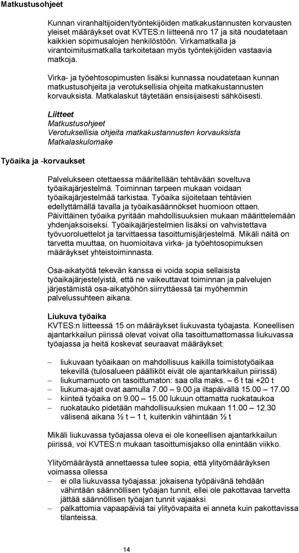 Virka- ja työehtosopimusten lisäksi kunnassa noudatetaan kunnan matkustusohjeita ja verotuksellisia ohjeita matkakustannusten korvauksista. Matkalaskut täytetään ensisijaisesti sähköisesti.