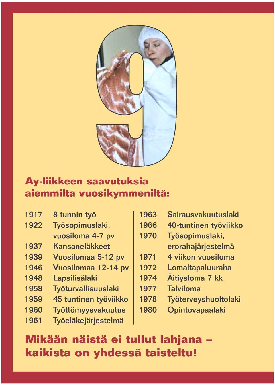 Työeläkejärjestelmä 1963 Sairausvakuutuslaki 1966 40-tuntinen työviikko 1970 Työsopimuslaki, erorahajärjestelmä 1971 4 viikon vuosiloma 1972