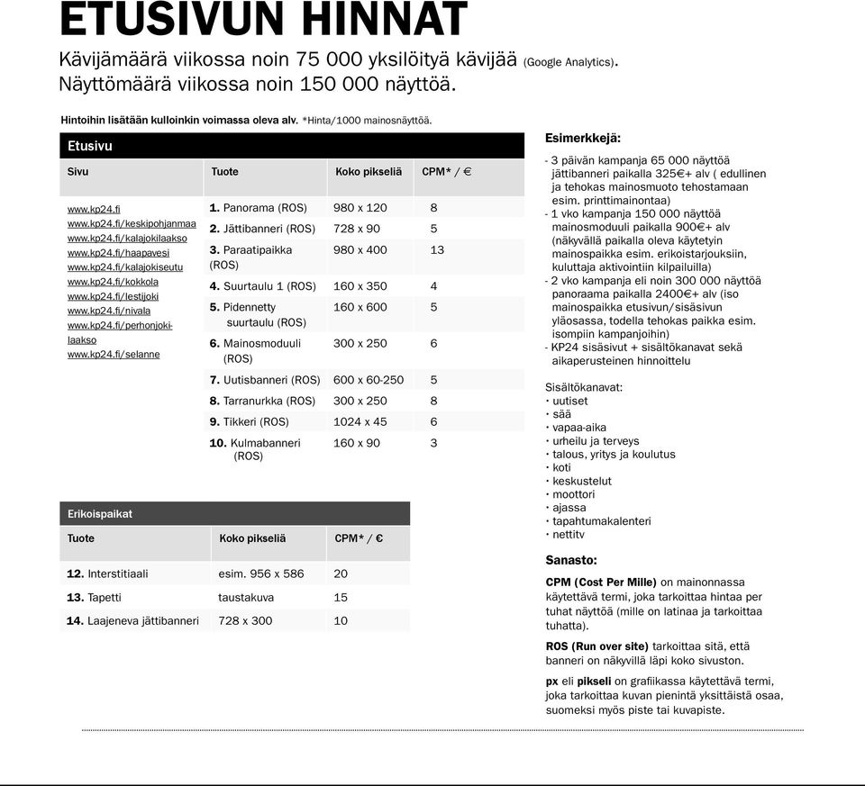 kp24.fi/lestijoki www.kp24.fi/nivala www.kp24.fi/perhonjokilaakso www.kp24.fi/selanne Erikoispaikat 1. Panorama (ROS) 980 x 120 8 2. Jättibanneri (ROS) 728 x 90 5 3.