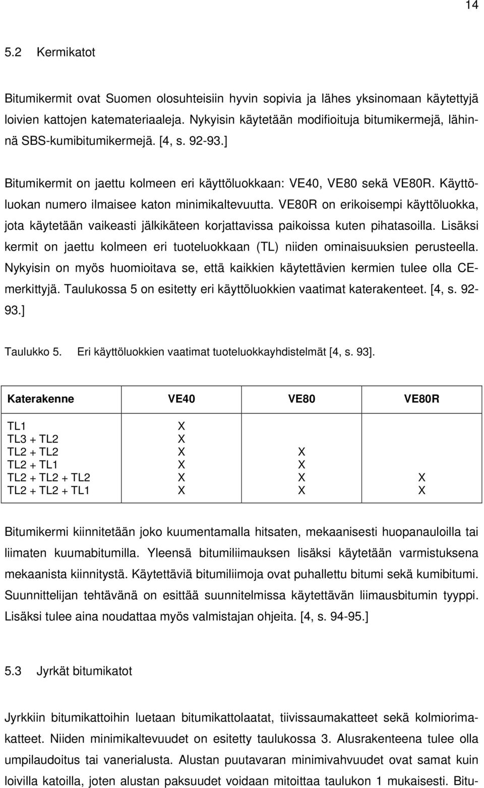 Käyttöluokan numero ilmaisee katon minimikaltevuutta. VE80R on erikoisempi käyttöluokka, jota käytetään vaikeasti jälkikäteen korjattavissa paikoissa kuten pihatasoilla.