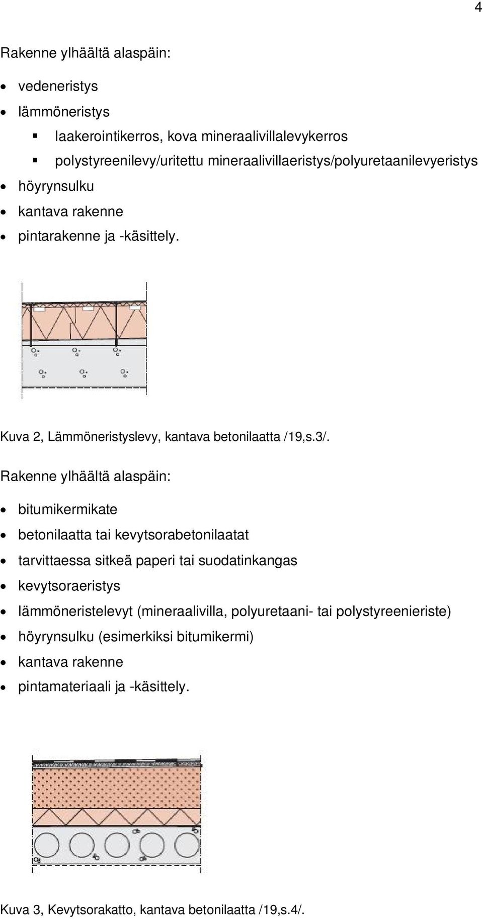 Rakenne ylhäältä alaspäin: bitumikermikate betonilaatta tai kevytsorabetonilaatat tarvittaessa sitkeä paperi tai suodatinkangas kevytsoraeristys