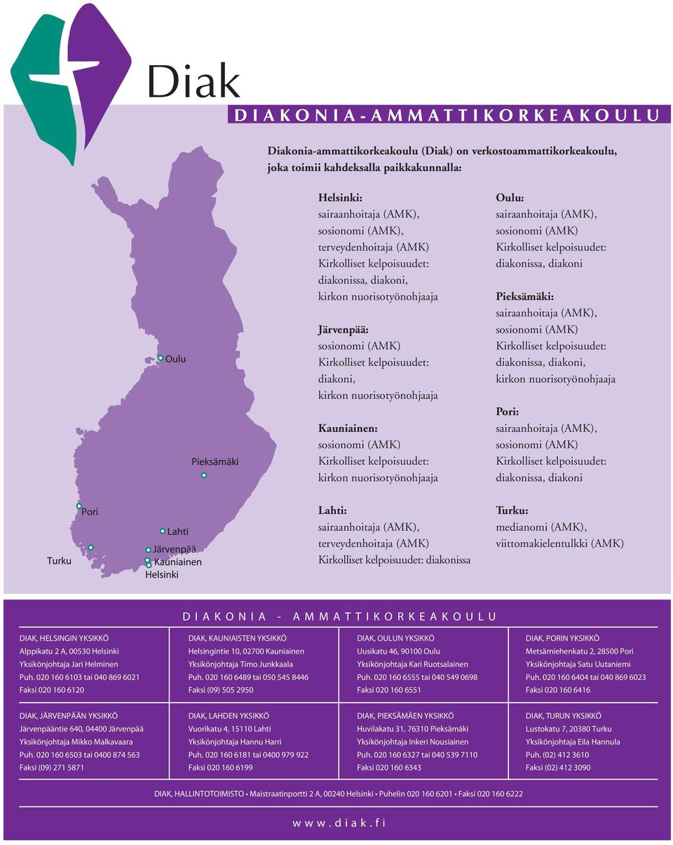 kelpoisuudet: kirkon nuorisotyönohjaaja Lahti: sairaanhoitaja (AMK), terveydenhoitaja (AMK) Kirkolliset kelpoisuudet: diakonissa Oulu: sairaanhoitaja (AMK), sosionomi (AMK) Kirkolliset kelpoisuudet: