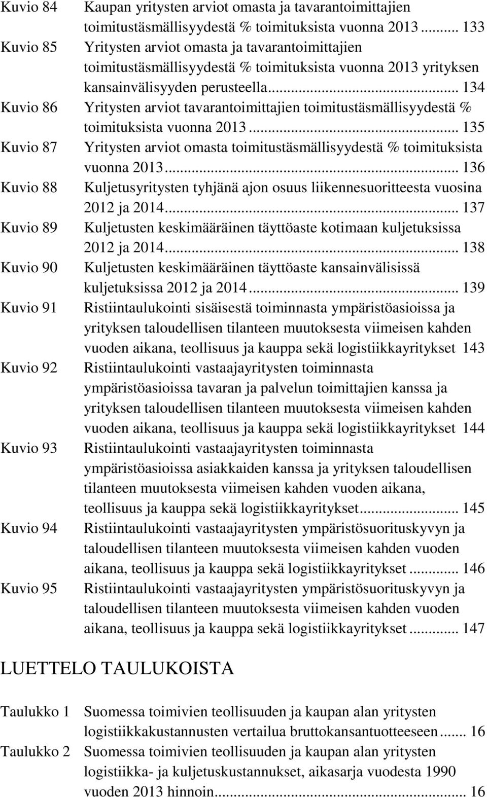 .. 134 Kuvio 86 Yritysten arviot tavarantoimittajien toimitustäsmällisyydestä % toimituksista vuonna 2013... 135 Kuvio 87 Yritysten arviot omasta toimitustäsmällisyydestä % toimituksista vuonna 2013.