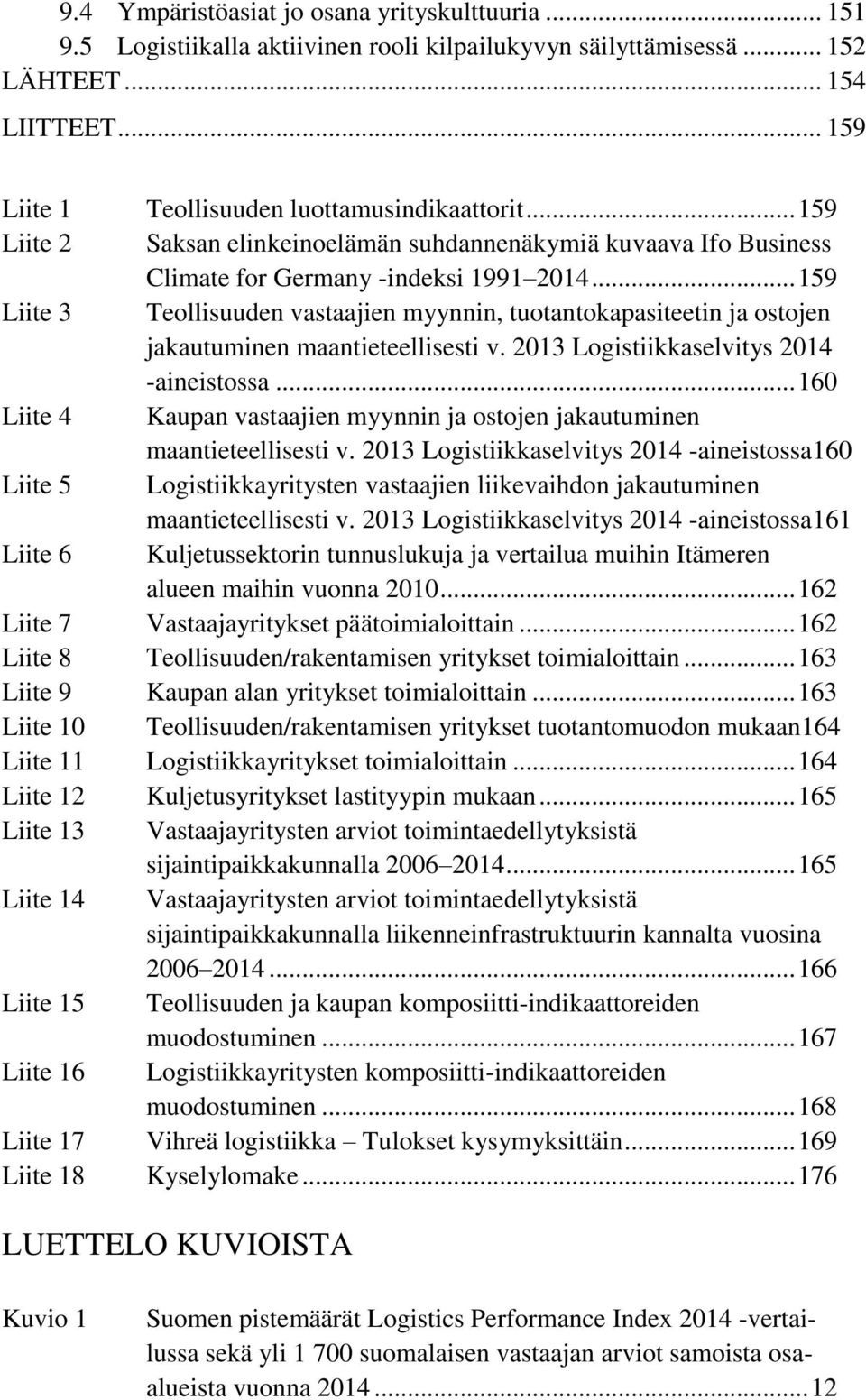 .. 159 Liite 3 Teollisuuden vastaajien myynnin, tuotantokapasiteetin ja ostojen jakautuminen maantieteellisesti v. 2013 Logistiikkaselvitys 2014 -aineistossa.