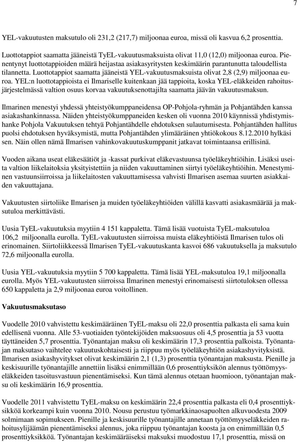 Luottotappiot saamatta jääneistä YEL-vakuutusmaksuista olivat 2,8 (2,9) miljoonaa euroa.