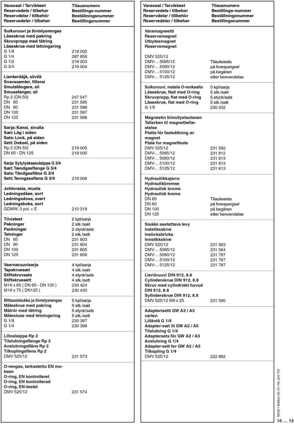 Låseskrue med tetningsring G 1/8 G 1/4 G 1/2 G 3/4 Liankerääjä, siivilä Snavssamler, filtersi Smutsfångare, sil Smussfanger, sil Rp 2 (DN 50) DN 65 DN 80 DN 100 DN 125 Sarja: Kansi, sivulla Sæt: Låg