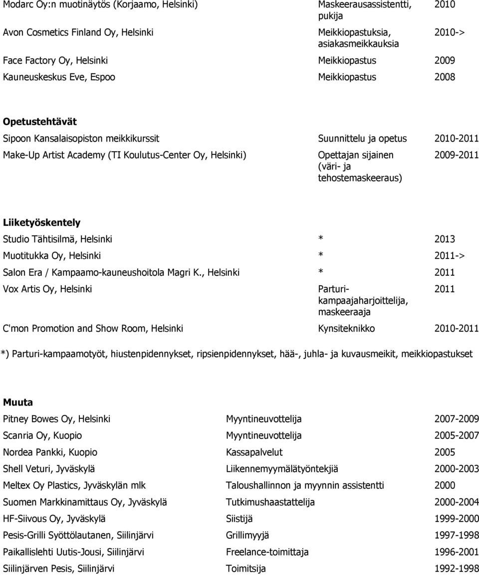 Opettajan sijainen (väri- ja tehostemaskeeraus) 2009- Liiketyöskentely Studio Tähtisilmä, Helsinki * Muotitukka Oy, Helsinki * -> Salon Era / Kampaamo-kauneushoitola Magri K.