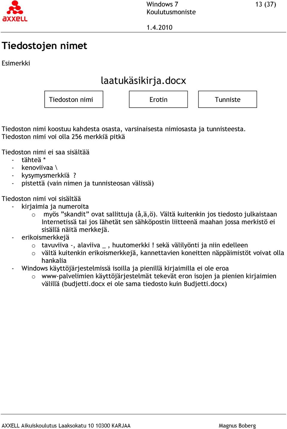 - pistettä (vain nimen ja tunnisteosan välissä) Tiedoston nimi voi sisältää - kirjaimia ja numeroita o myös skandit ovat sallittuja (å,ä,ö).