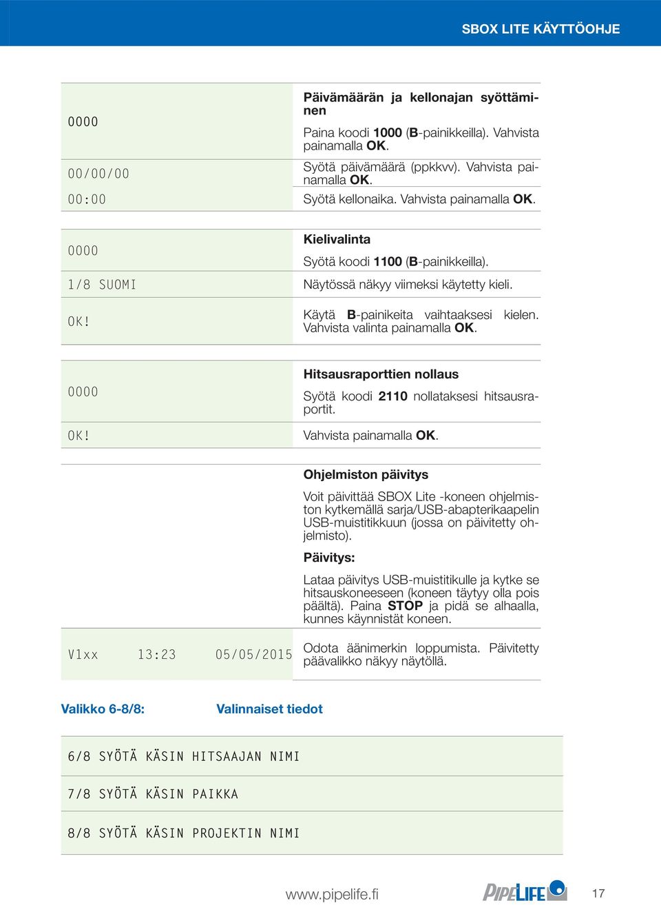 Vahvista valinta painamalla OK. 0000 OK! Hitsausraporttien nollaus Syötä koodi 2110 nollataksesi hitsausraportit. Vahvista painamalla OK.