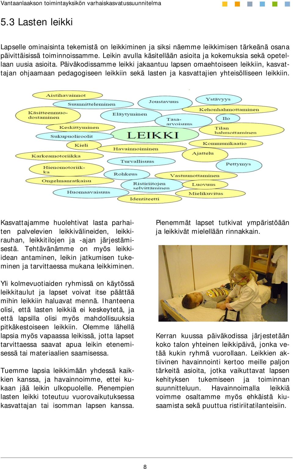 Päiväkodissamme leikki jakaantuu lapsen omaehtoiseen leikkiin, kasvattajan ohjaamaan pedagogiseen leikkiin sekä lasten ja kasvattajien yhteisölliseen leikkiin.