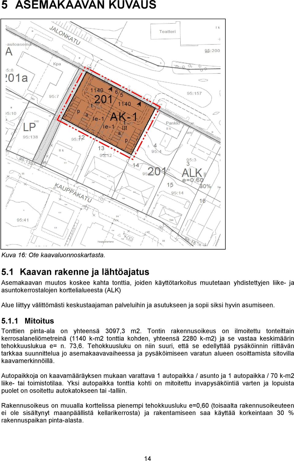 keskustaajaman palveluihin ja asutukseen ja sopii siksi hyvin asumiseen. 5.1.1 Mitoitus Tonttien pinta-ala on yhteensä 3097,3 m2.