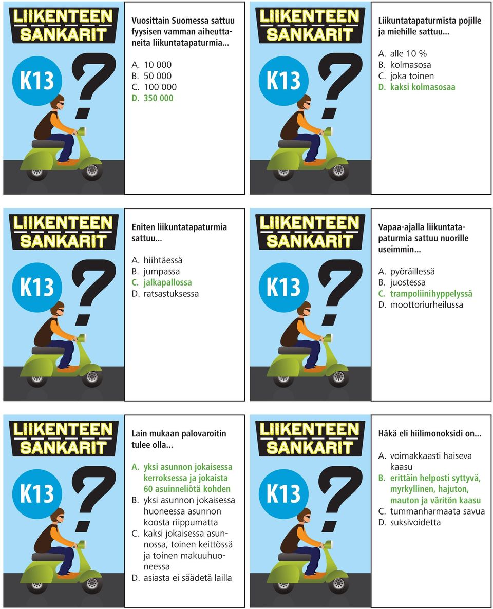 juostessa C. trampoliinihyppelyssä D. moottoriurheilussa Lain mukaan palovaroitin tulee olla... A. yksi asunnon jokaisessa kerroksessa ja jokaista 60 asuinneliötä kohden B.