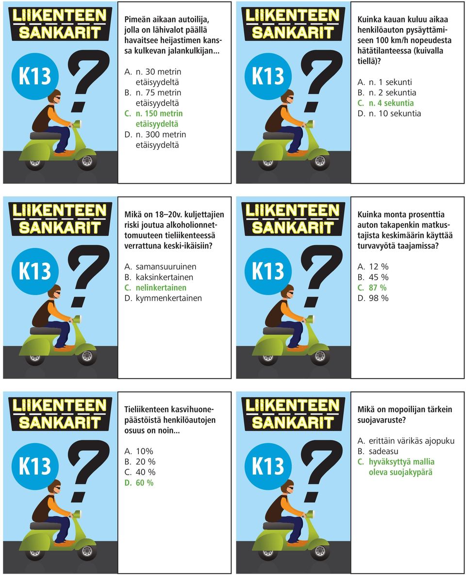 A. n. 1 sekunti B. n. 2 sekuntia C. n. 4 sekuntia D. n. 10 sekuntia Mikä on 18 20v. kuljettajien riski joutua alkoholionnettomuuteen tieliikenteessä verrattuna keski-ikäisiin? A. samansuuruinen B.