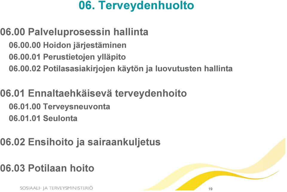 01 Ennaltaehkäisevä terveydenhoito 06.01.00 Terveysneuvonta 06.01.01 Seulonta 06.