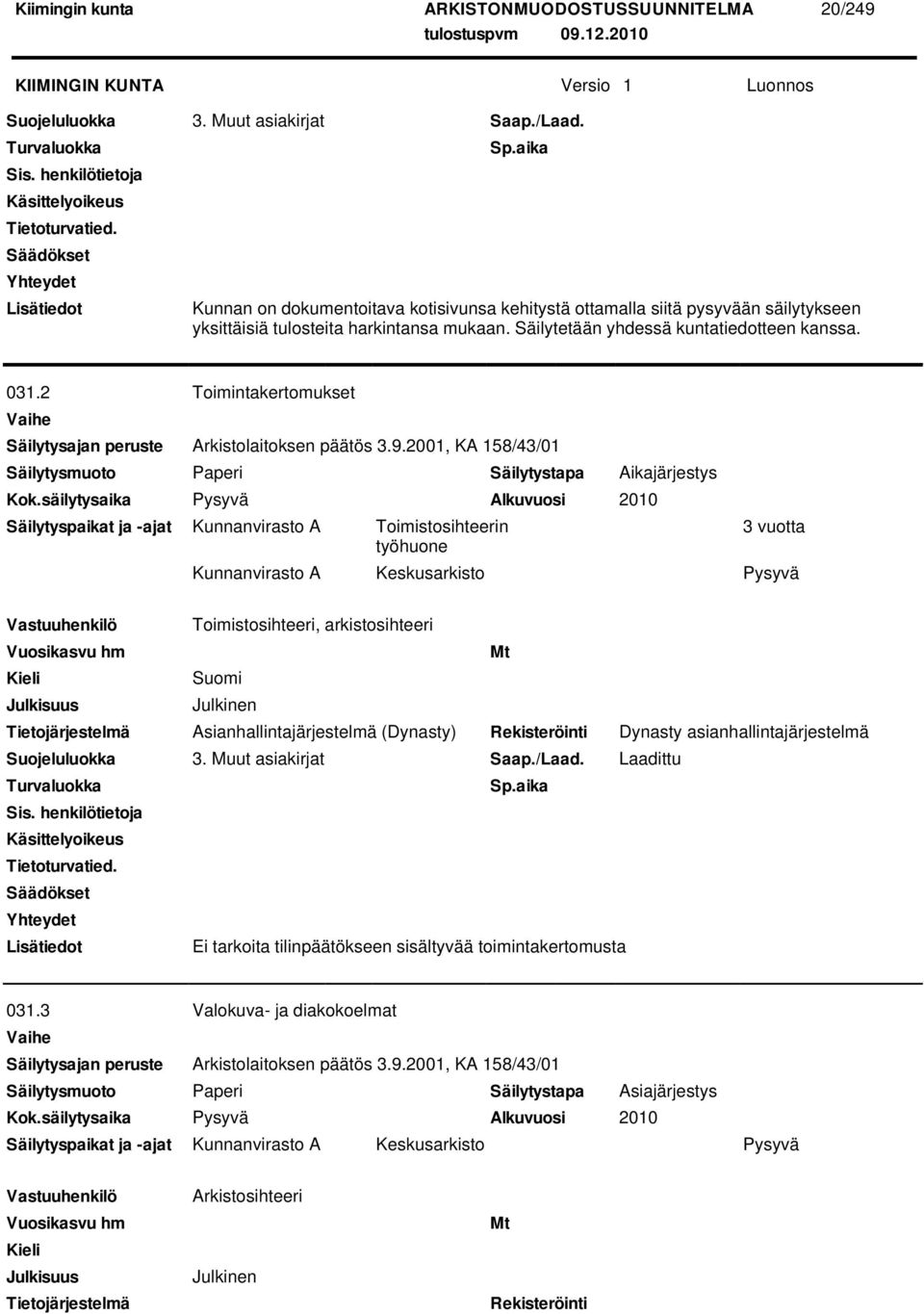 2001, KA 158/43/01 Säilytyspaikat ja -ajat Kunnanvirasto A Toimistosihteerin 3 vuotta Kunnanvirasto A Keskusarkisto Pysyvä Toimistosihteeri, arkistosihteeri 3.