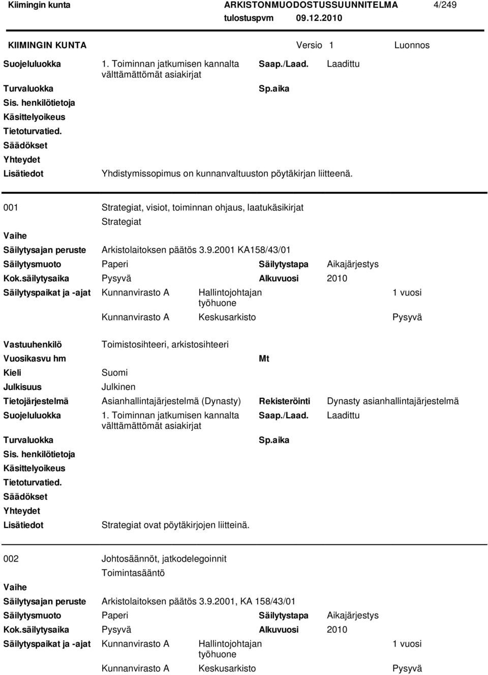 2001 KA158/43/01 Säilytyspaikat ja -ajat Kunnanvirasto A Hallintojohtajan 1 vuosi Kunnanvirasto A Keskusarkisto Pysyvä Toimistosihteeri, arkistosihteeri 1.