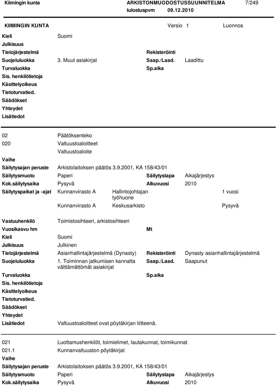 2001, KA 158/43/01 Säilytyspaikat ja -ajat Kunnanvirasto A Hallintojohtajan 1 vuosi Kunnanvirasto A Keskusarkisto Pysyvä