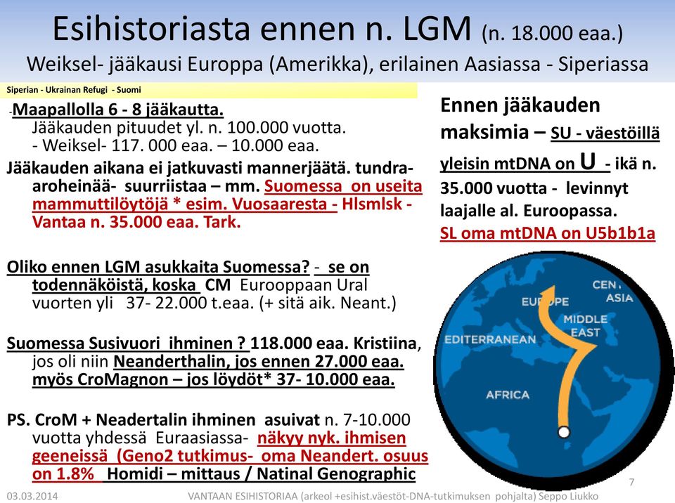 Vuosaaresta - Hlsmlsk - Vantaa n. 35.000 eaa. Tark. Oliko ennen LGM asukkaita Suomessa? - se on todennäköistä, koska CM Eurooppaan Ural vuorten yli 37-22.000 t.eaa. (+ sitä aik. Neant.