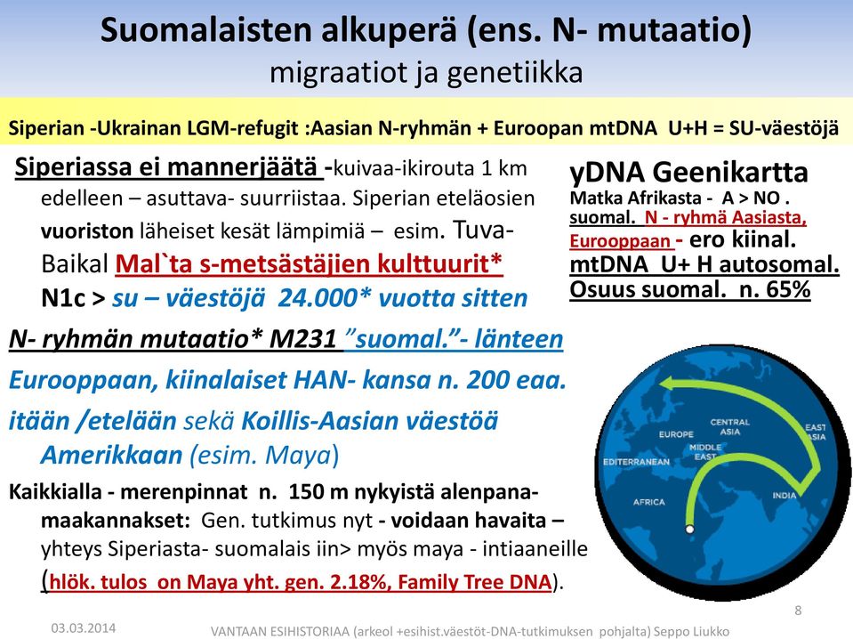 Siperian eteläosien vuoriston läheiset kesät lämpimiä esim. Tuva- Baikal Mal`ta s-metsästäjien kulttuurit* N1c > su väestöjä 24.000* vuotta sitten N- ryhmän mutaatio* M231 suomal.