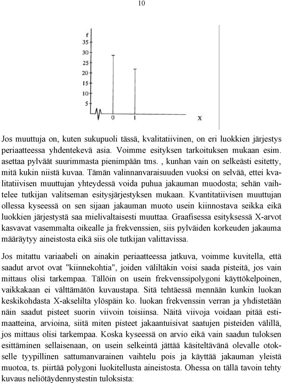 Tämän valinnanvaraisuuden vuoksi on selvää, ettei kvalitatiivisen muuttujan yhteydessä voida puhua jakauman muodosta; sehän vaihtelee tutkijan valitseman esitysjärjestyksen mukaan.