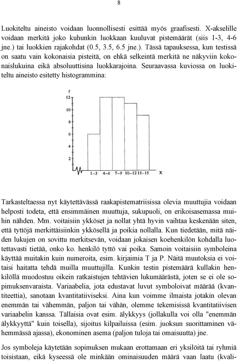 Seuraavassa kuviossa on luokiteltu aineisto esitetty histogrammina: Tarkasteltaessa nyt käytettävässä raakapistematriisissa olevia muuttujia voidaan helposti todeta, että ensimmäinen muuttuja,