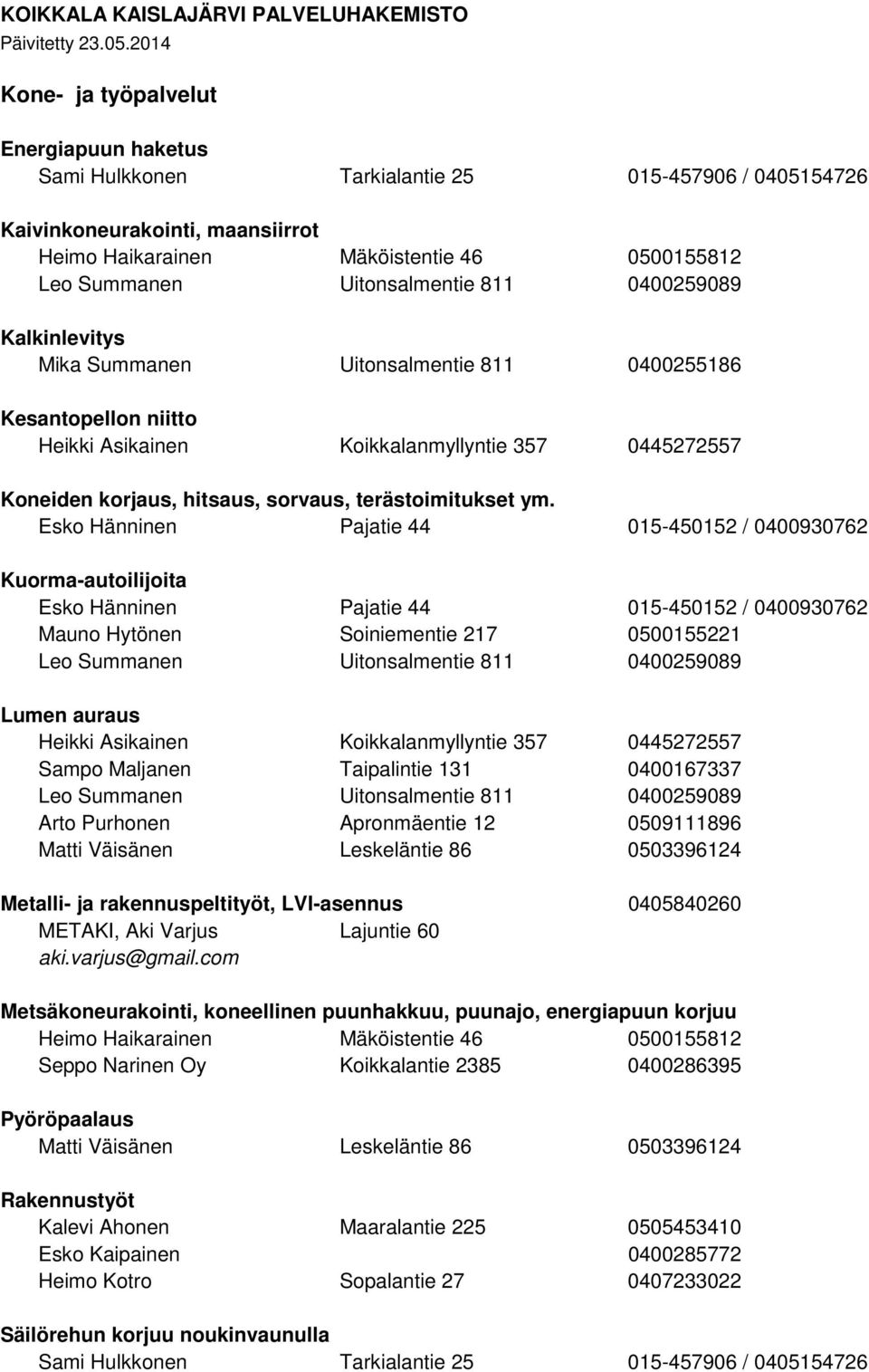 Summanen Uitonsalmentie 811 0400255186 Kesantopellon niitto Heikki Asikainen Koikkalanmyllyntie 357 0445272557 Koneiden korjaus, hitsaus, sorvaus, terästoimitukset ym.