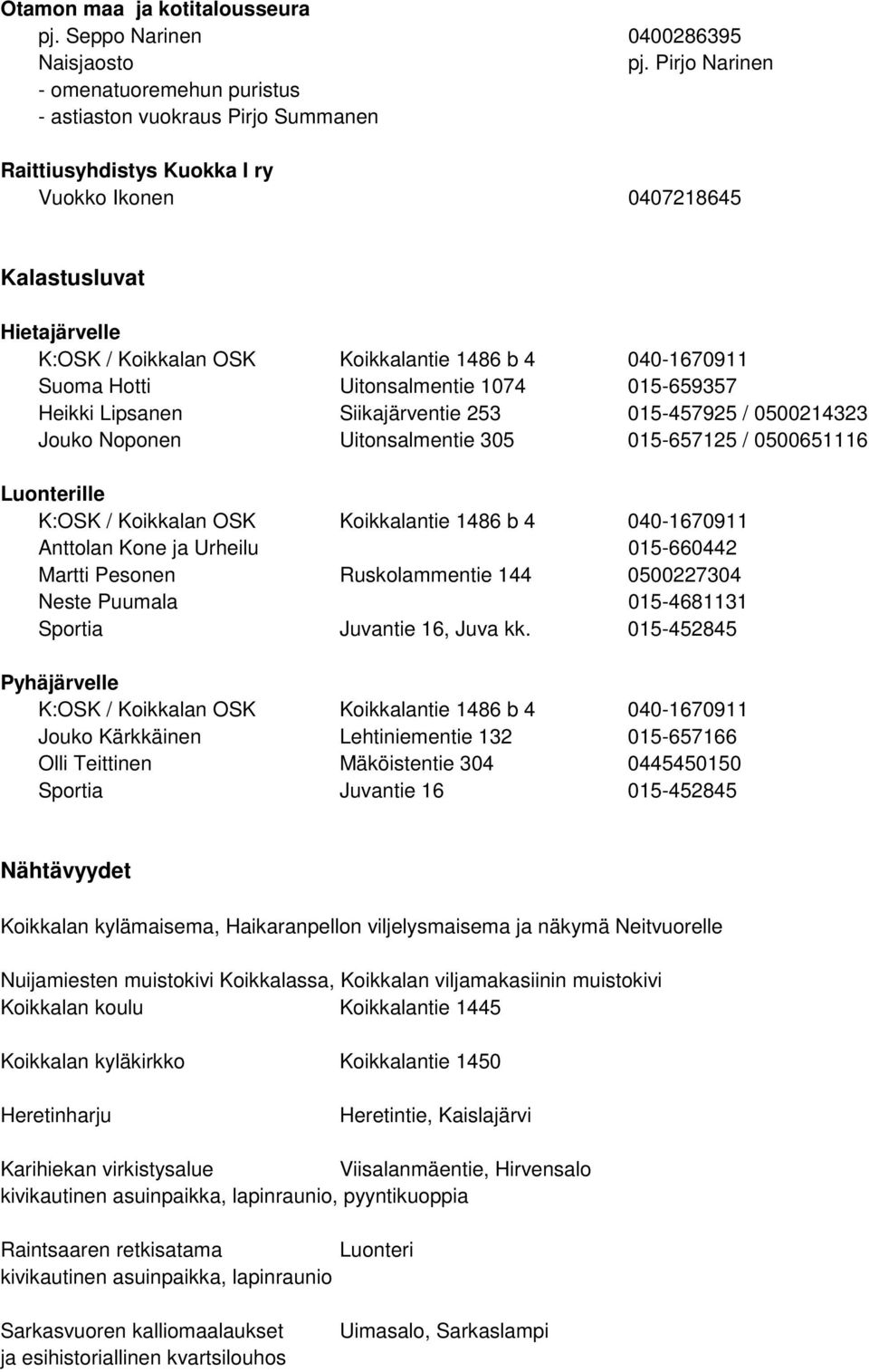 b 4 040-1670911 Suoma Hotti Uitonsalmentie 1074 015-659357 Heikki Lipsanen Siikajärventie 253 015-457925 / 0500214323 Jouko Noponen Uitonsalmentie 305 015-657125 / 0500651116 Luonterille K:OSK /