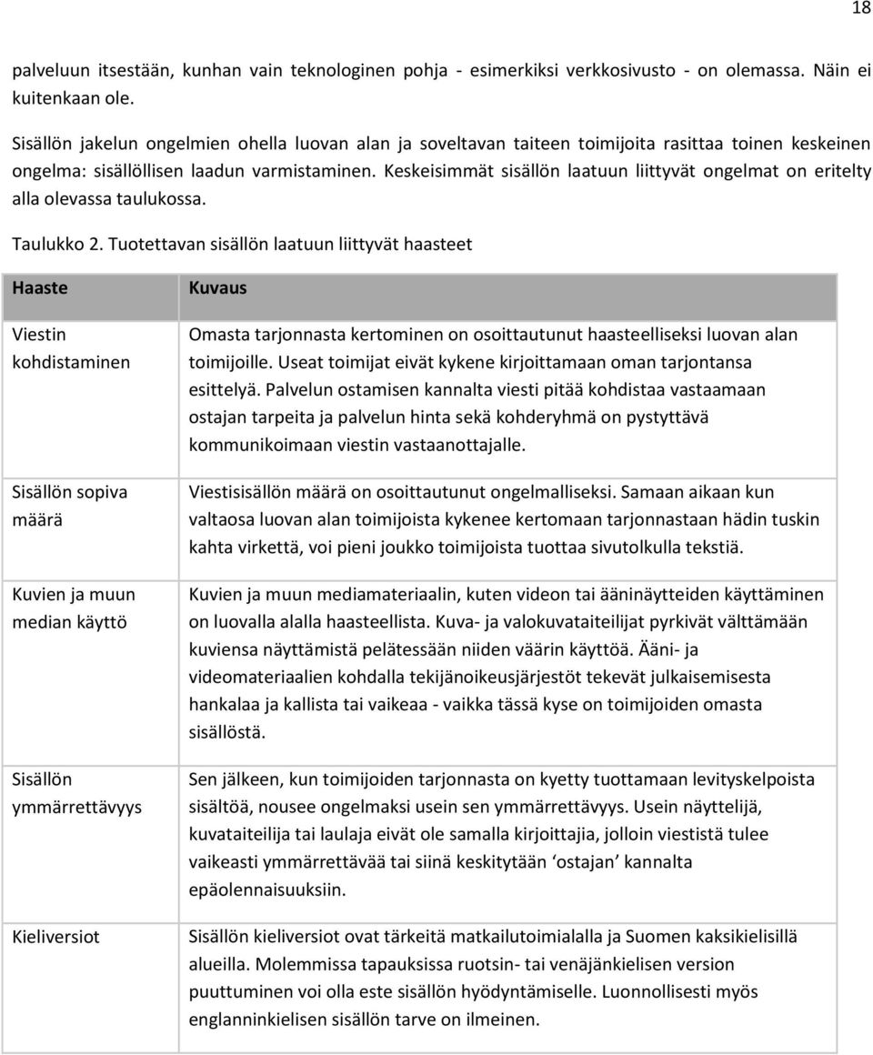 Keskeisimmät sisällön laatuun liittyvät ongelmat on eritelty alla olevassa taulukossa. Taulukko 2.