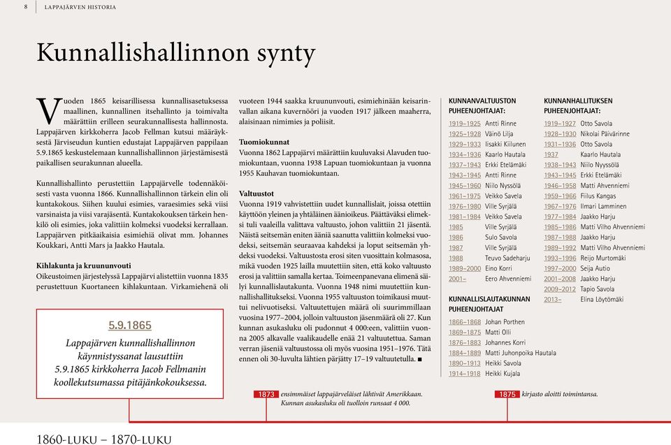 1865 keskustelemaan kunnallishallinnon järjestämisestä paikallisen seurakunnan alueella. Kunnallishallinto perustettiin Lappajärvelle todennäköisesti vasta vuonna 1866.